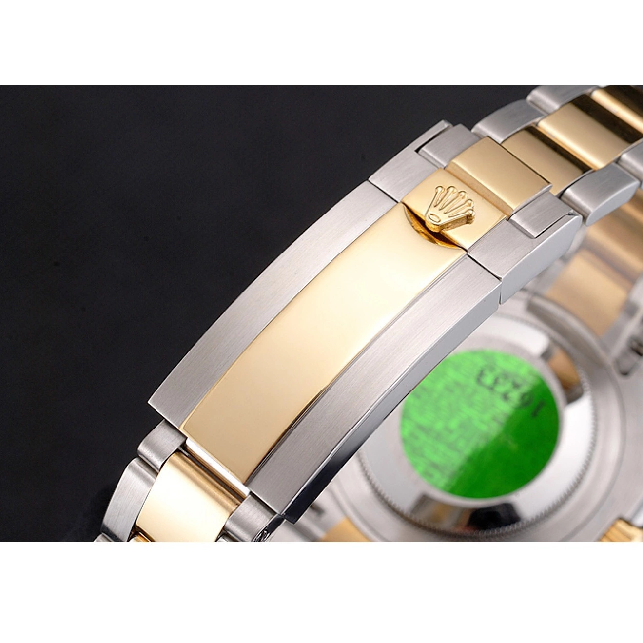 Rolex copies cheap Swiss Green Rolex Two Tone Bezel Bracelet Submariner Gold Dial And Steel 0603